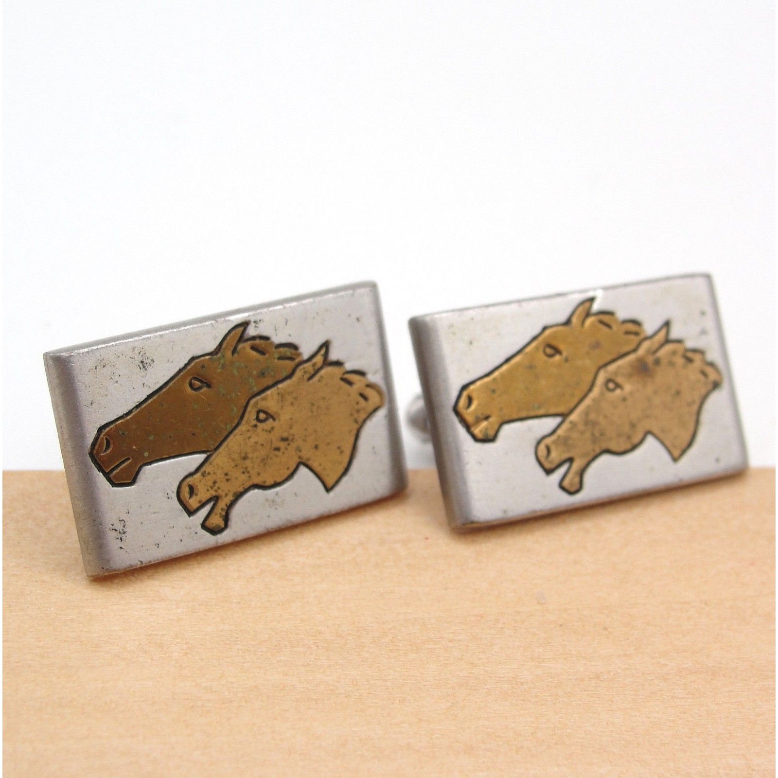 Vintage Swank Horse Head Cufflinks Silver Gold Tone Equestrian Racing Stallion